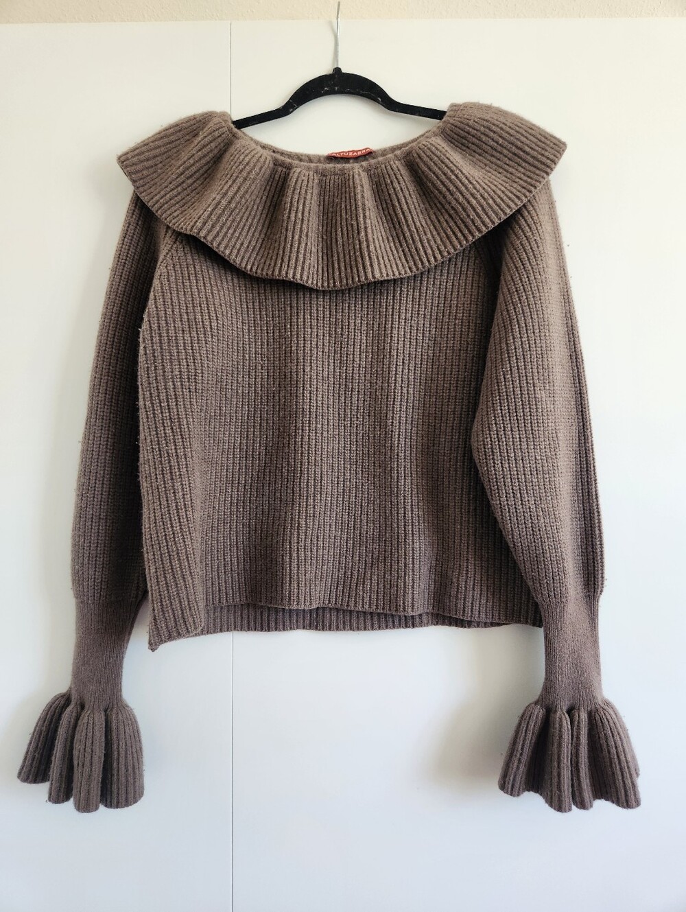 Altuzarra 100% Merino Wool Ruffle Collar Sweater Brown Balloon Sleeve Size M